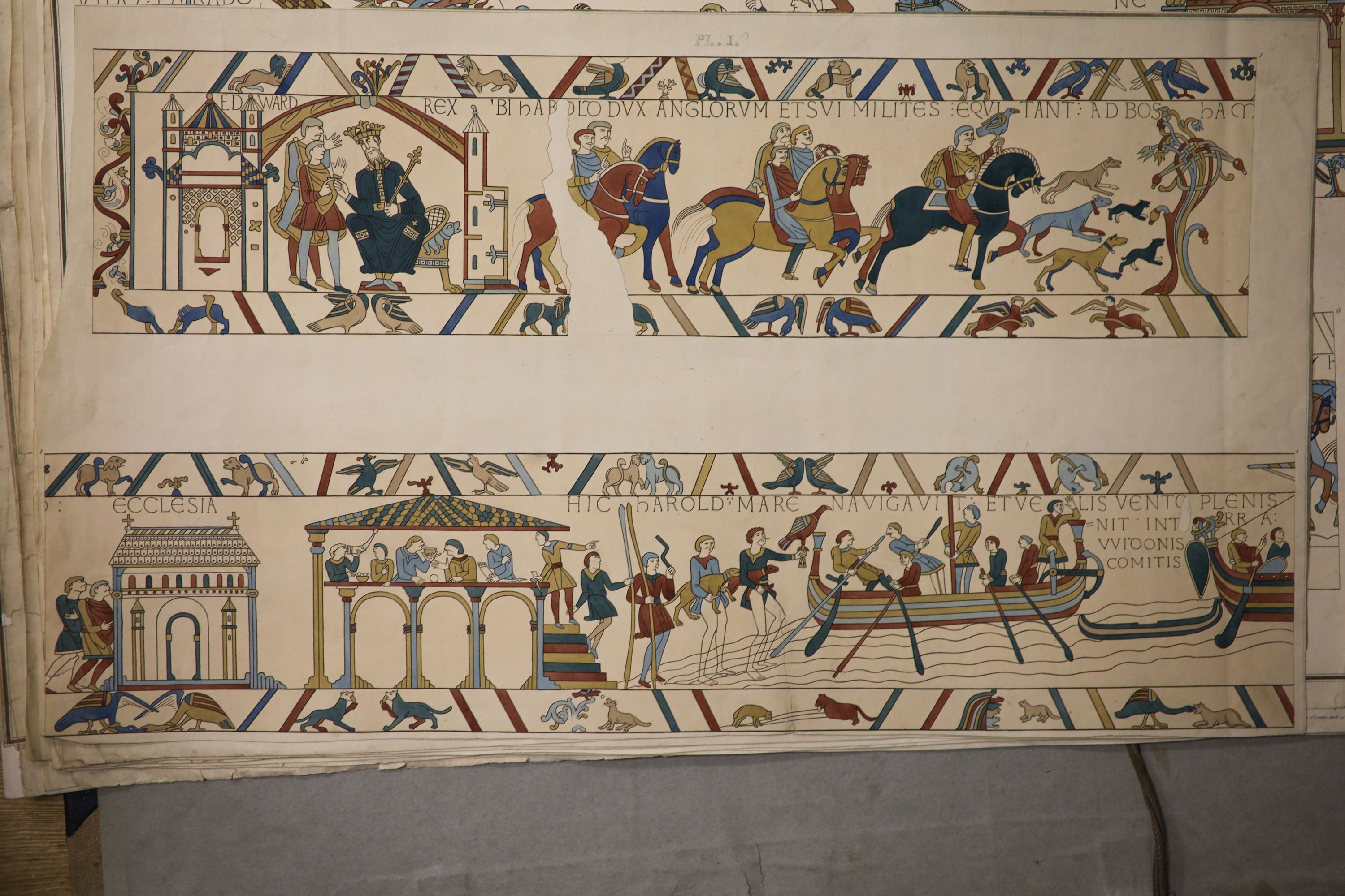 The Tapestry of Bayeaux, a portfolio of coloured lithographs after C. Stothard circa 1822, one plate incomplete 46x70cm